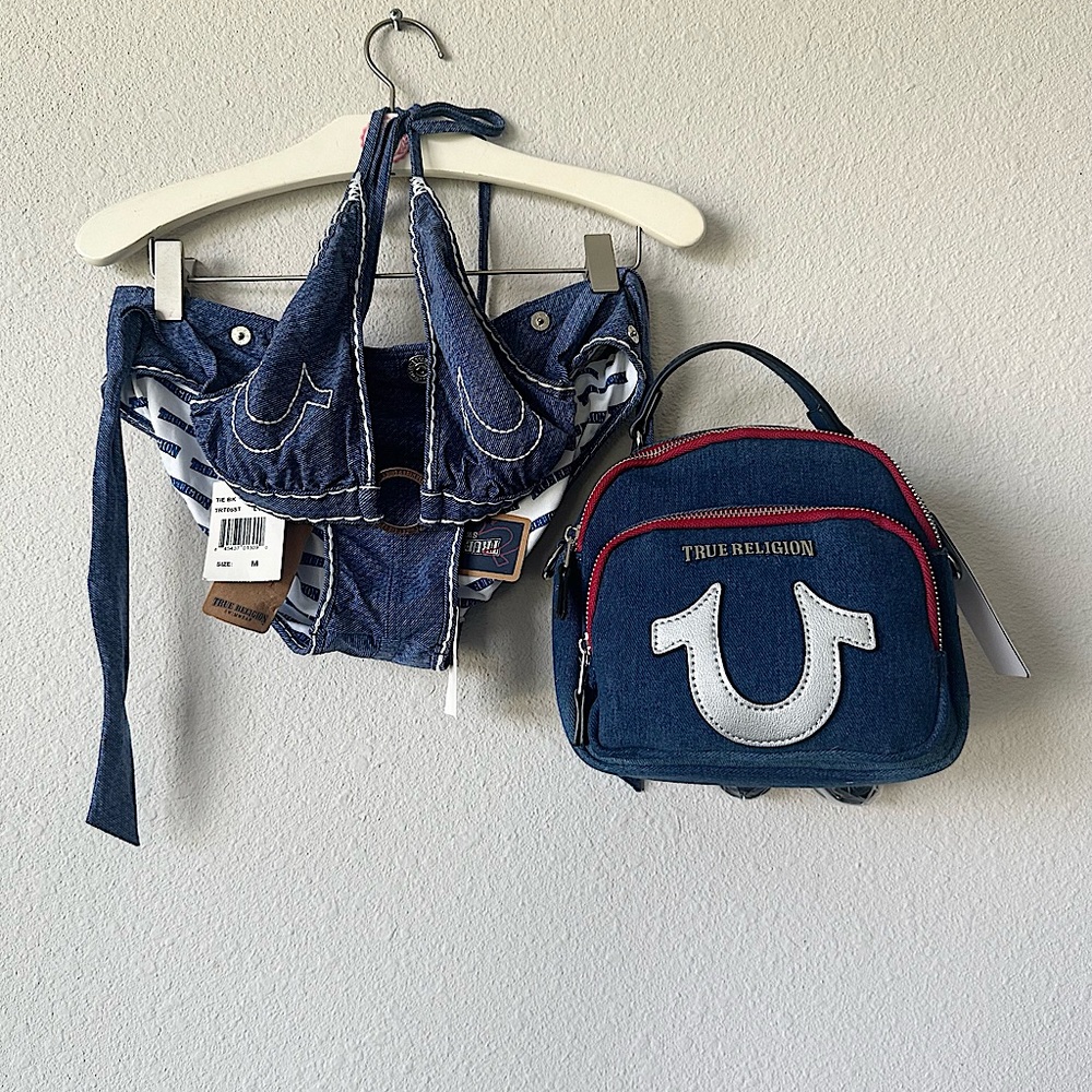 True Religion New 2013 Very Rare 2 Piece Denim Swim Suit Set & Mini Backpack